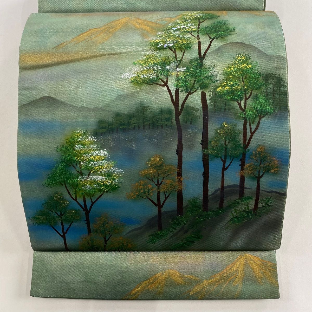 袋帯 秀品 風景 樹木 箔 緑 お太鼓柄 正絹 セレモニー 袋帯 