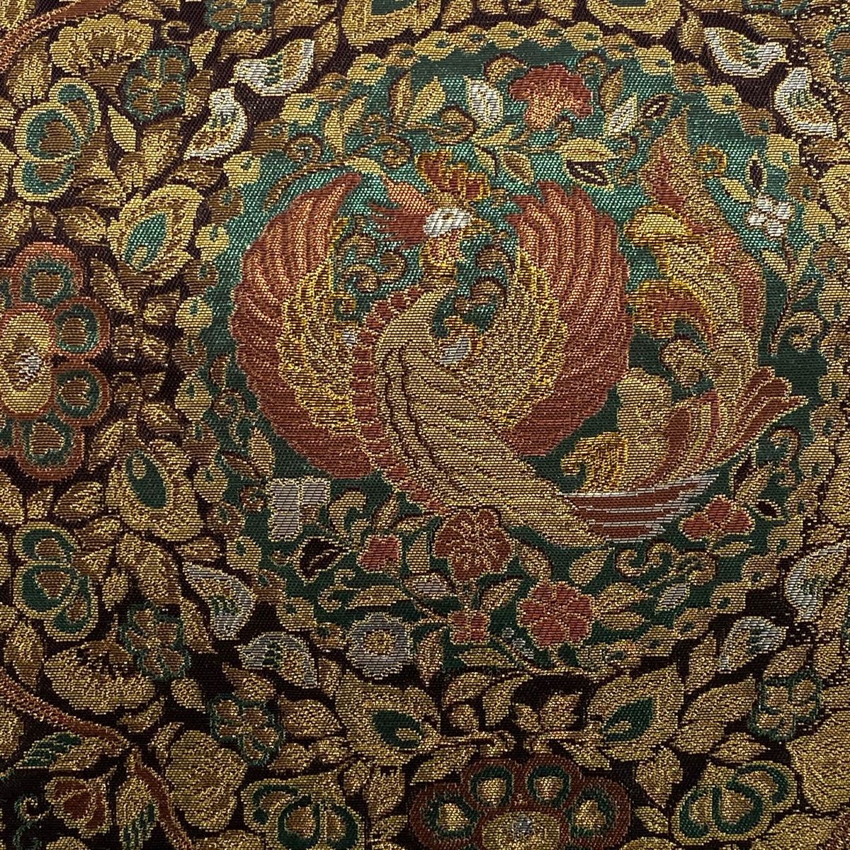 袋帯 秀品 関西仕立て 鳥 草花 箔 焦茶色 六通 正絹