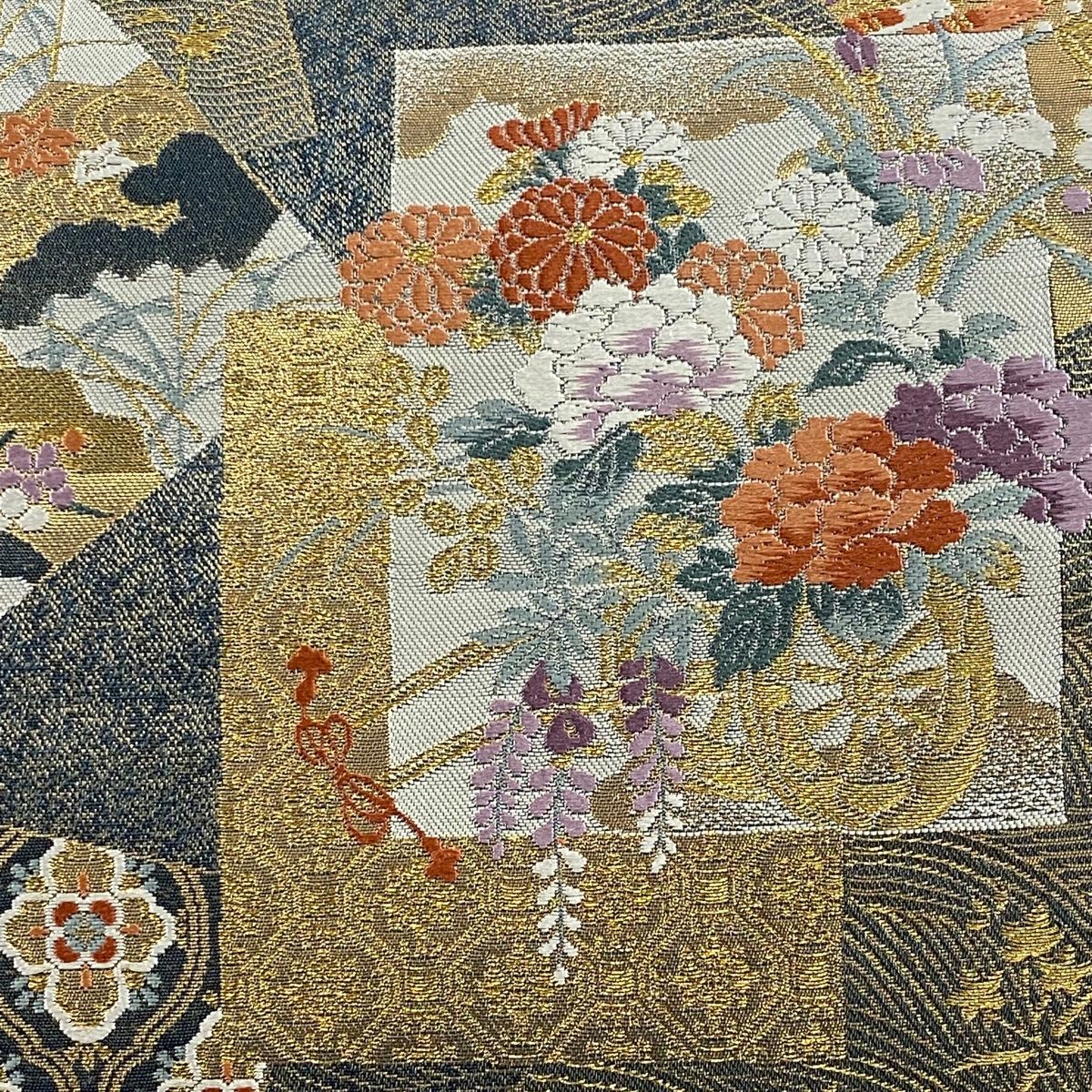袋帯 秀品 色紙 花車 箔 金糸 灰色 六通 正絹