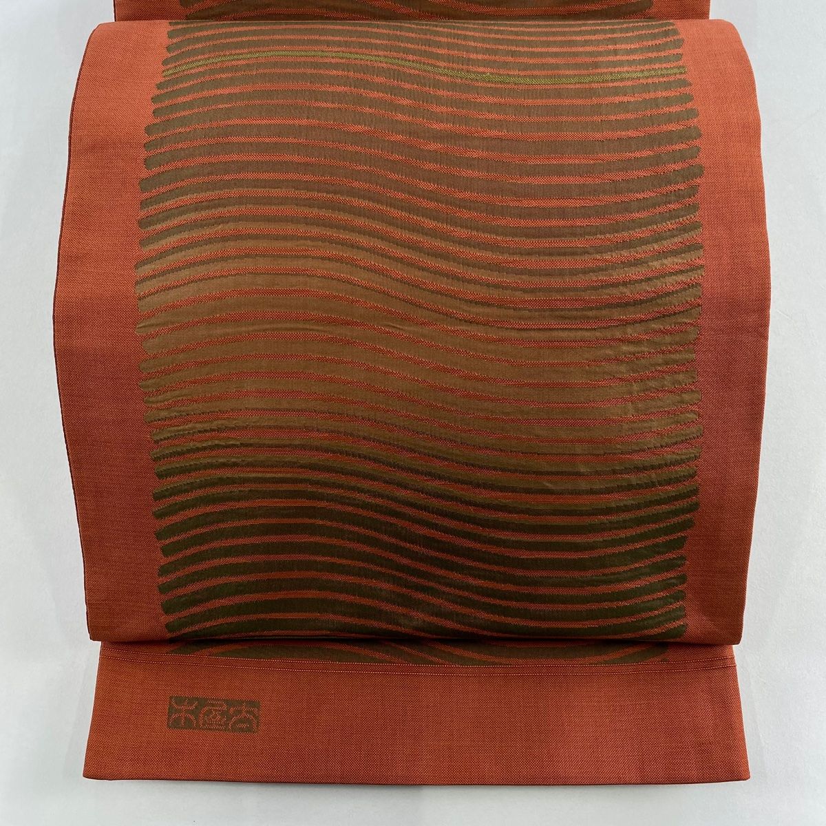 袋帯 秀品 木屋太 落款 縞 幾何学 赤茶 六通 正絹