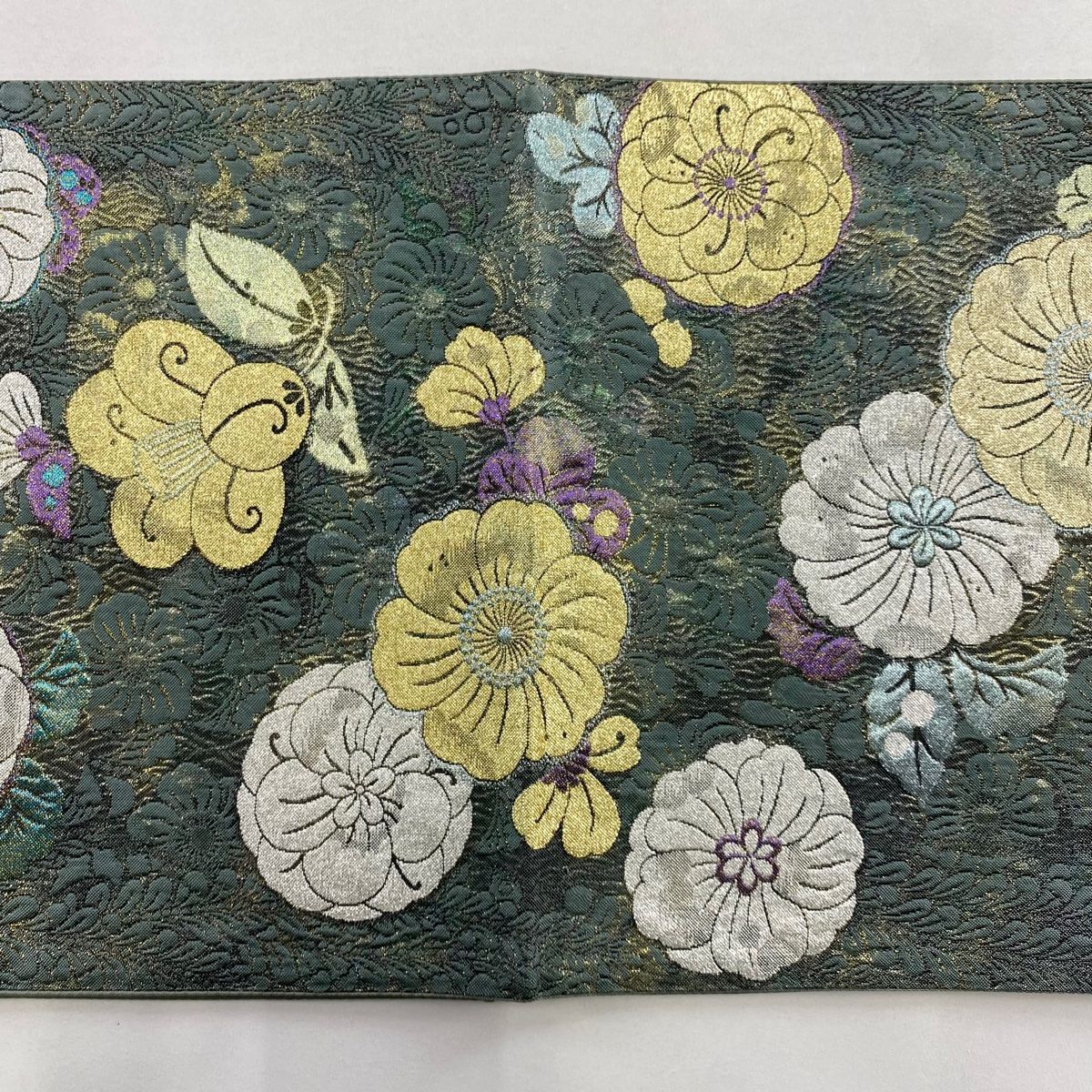  袋帯 秀品 やまと 草花 椿 箔 灰緑 六通 正絹 袋帯 帯