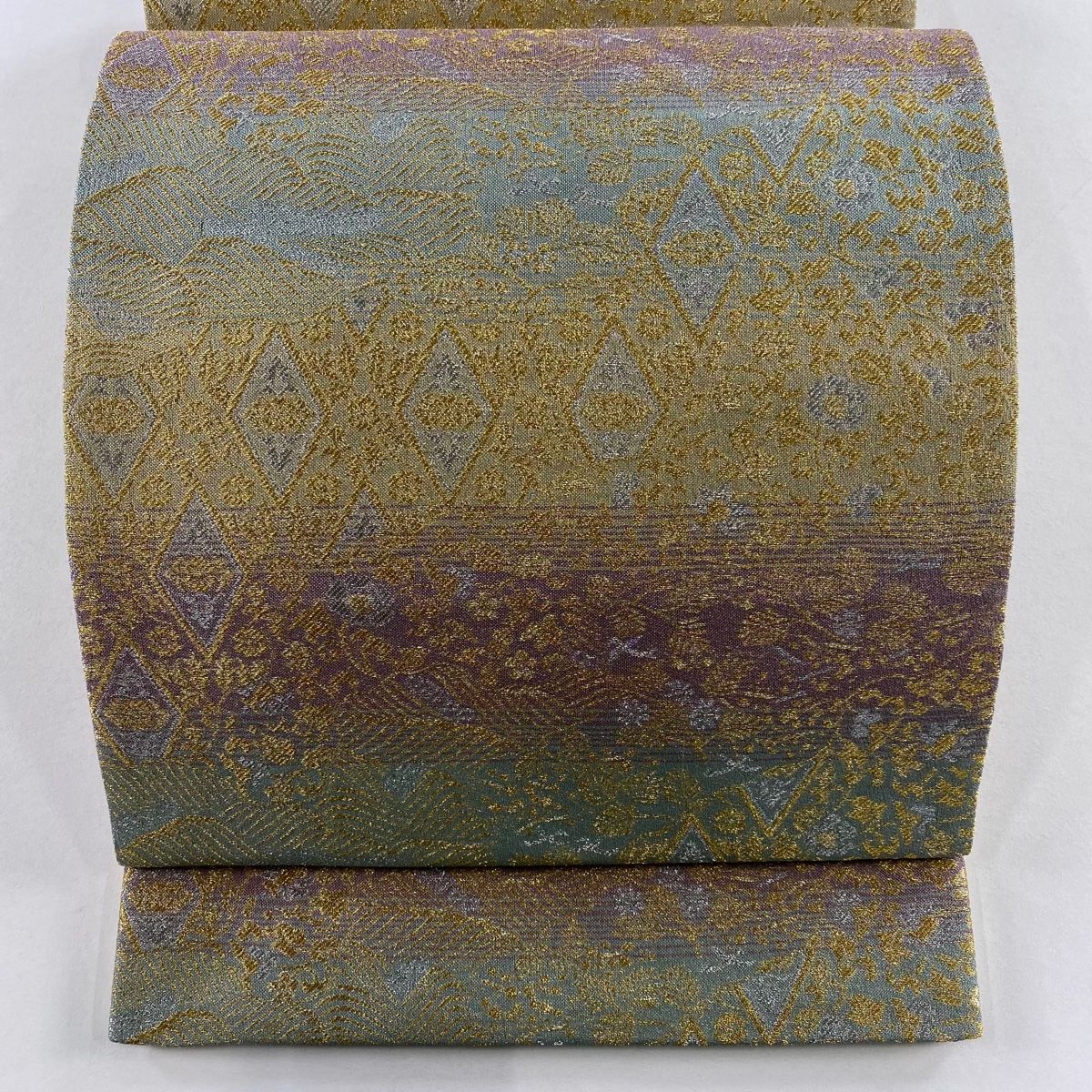 袋帯 秀品 菱 花鳥 金銀糸 薄緑 六通 正絹