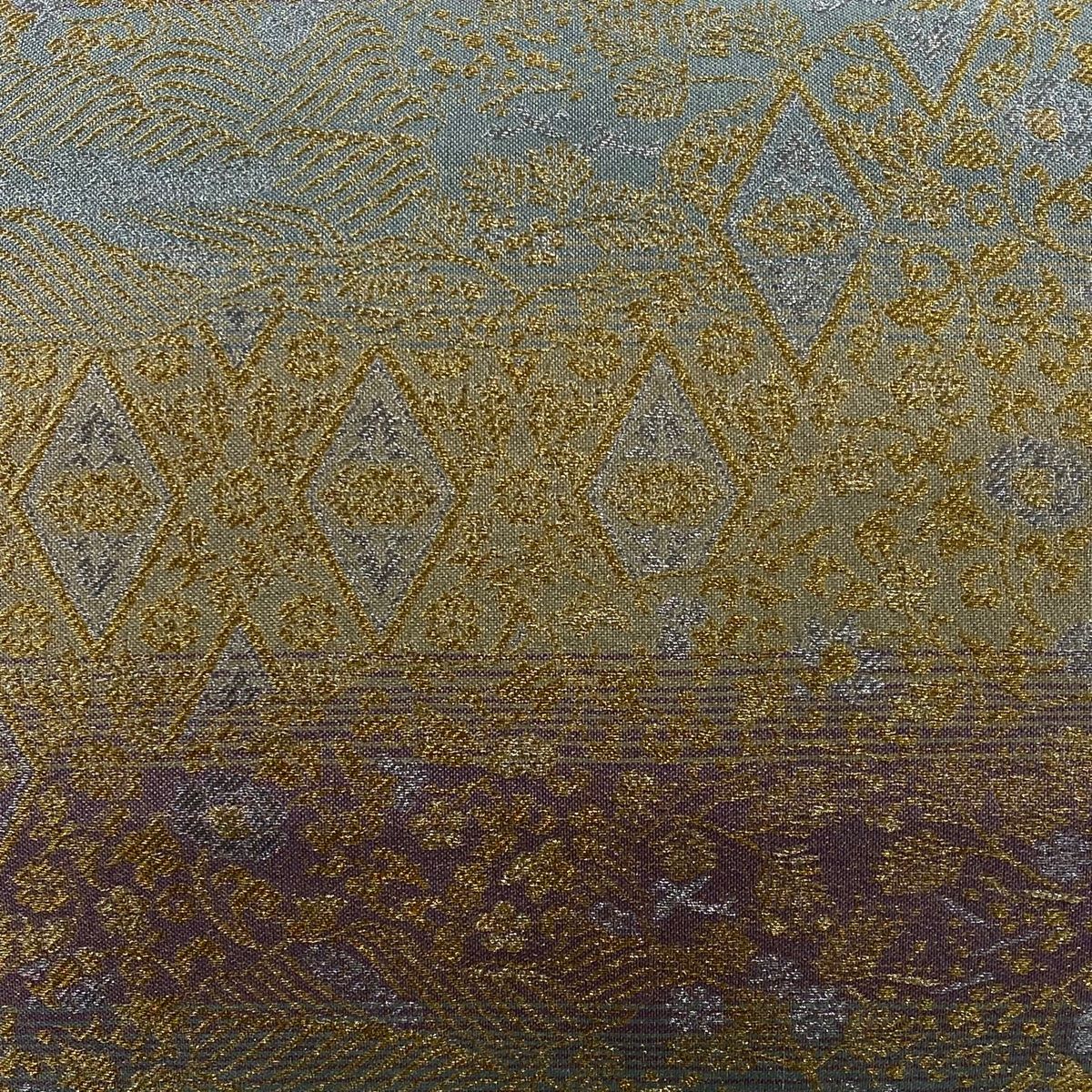 袋帯 秀品 菱 花鳥 金銀糸 薄緑 六通 正絹