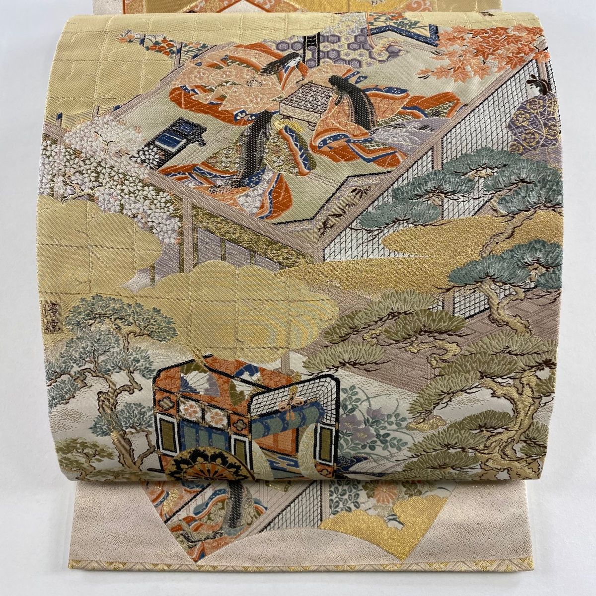 袋帯 秀品 源氏物語 御所車 箔 ベージュ お太鼓柄 正絹