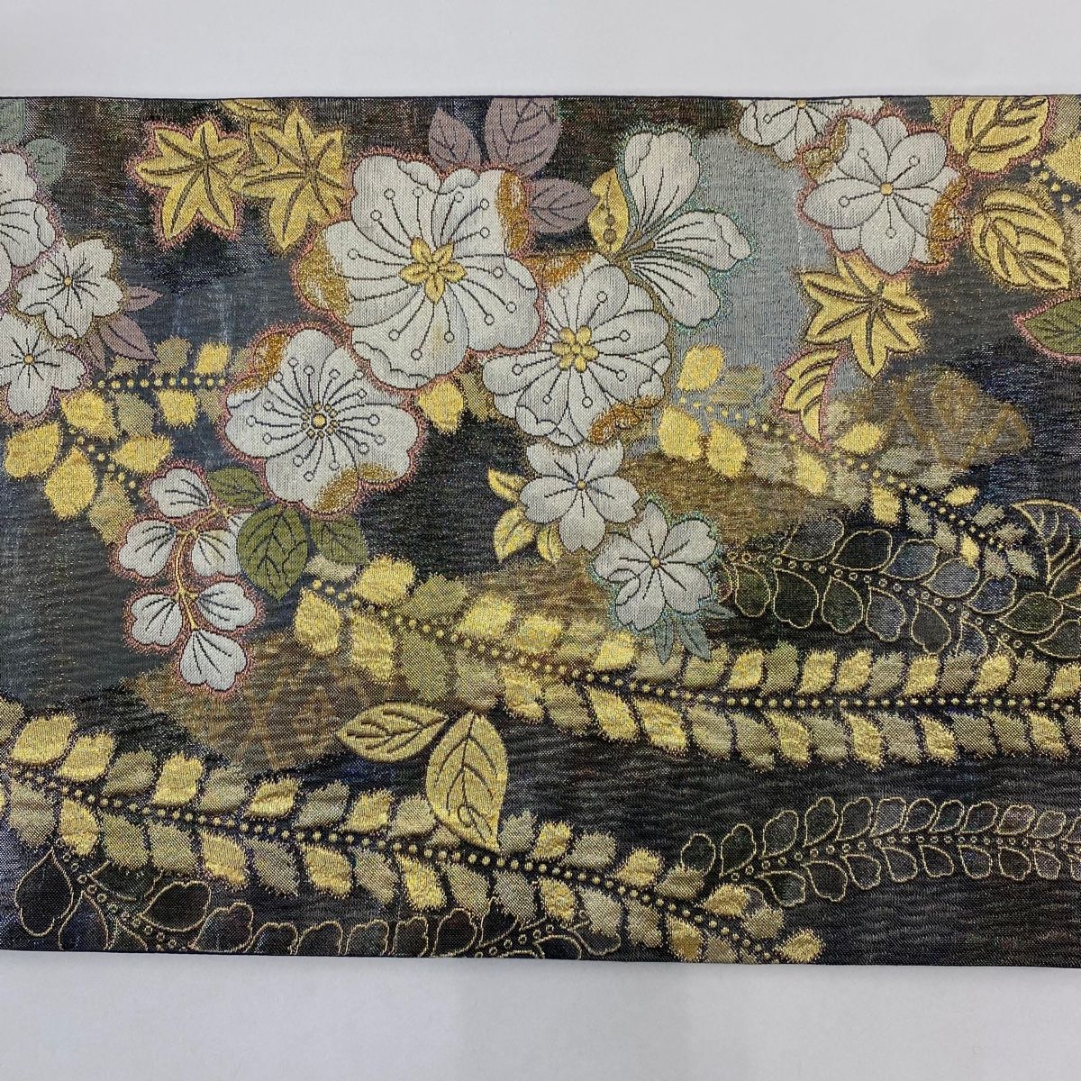  袋帯 秀品 辻が花柄 金糸 箔 灰色 六通 正絹 袋帯 帯