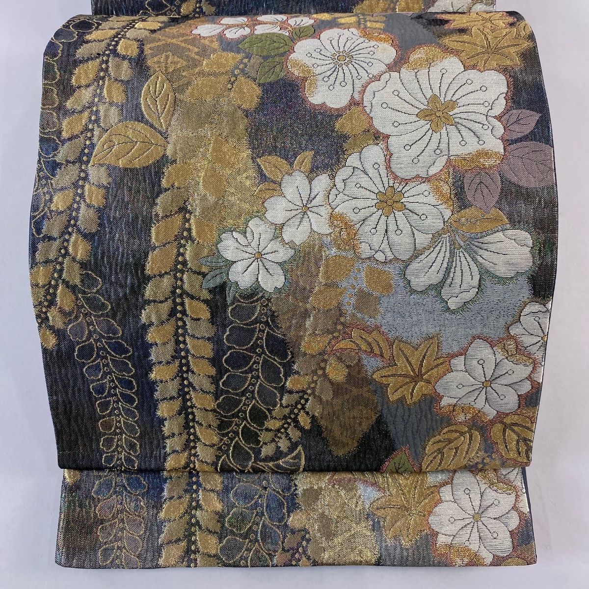 袋帯 秀品 辻が花柄 金糸 箔 灰色 六通 正絹