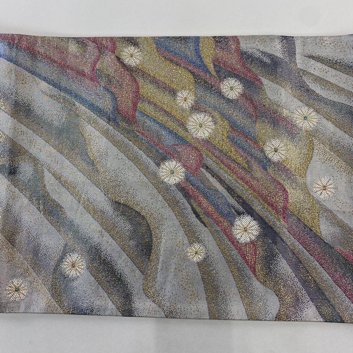  袋帯 秀品 花 幾何学 金銀糸 箔 銀色 六通 正絹 袋帯 帯