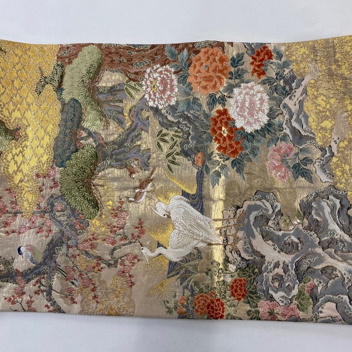  袋帯 秀品 草花 鳥 金糸 箔 金色 六通 正絹 袋帯 帯