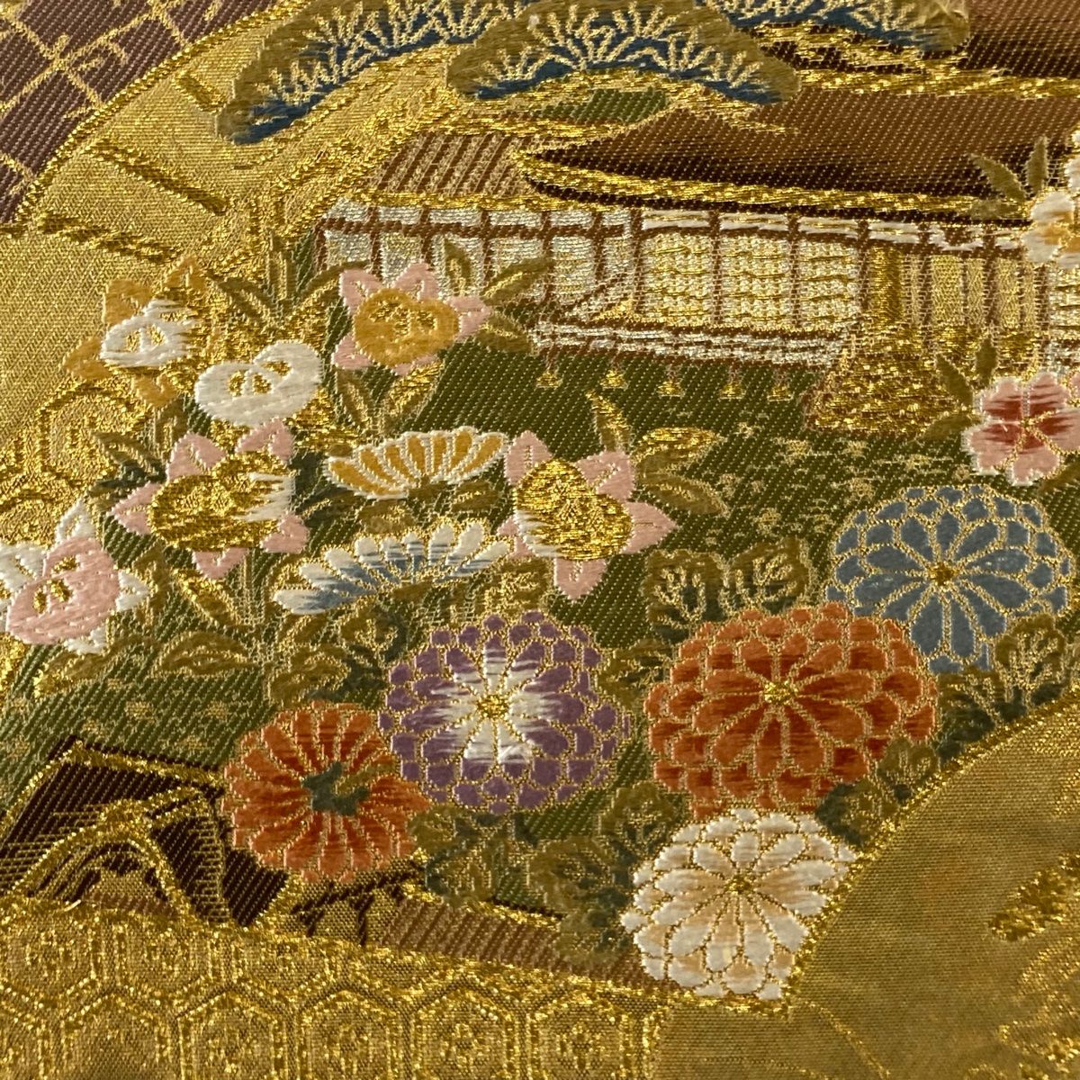 袋帯 秀品 扇面 風景 金銀糸 箔 金色 お太鼓柄 正絹