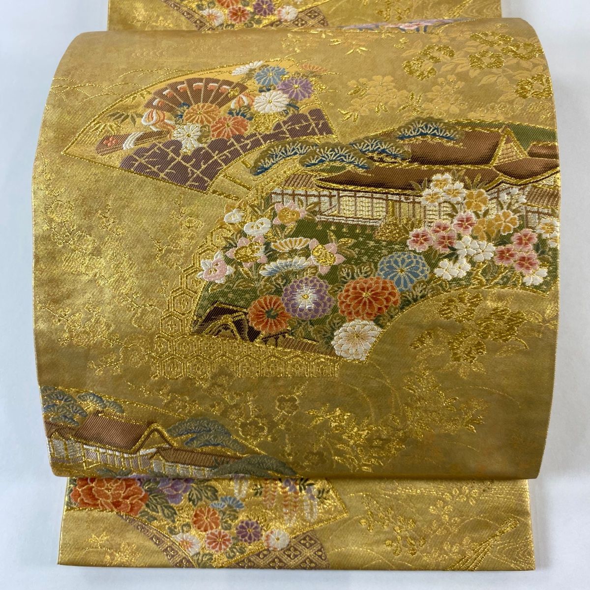 袋帯 秀品 扇面 風景 金銀糸 箔 金色 お太鼓柄 正絹