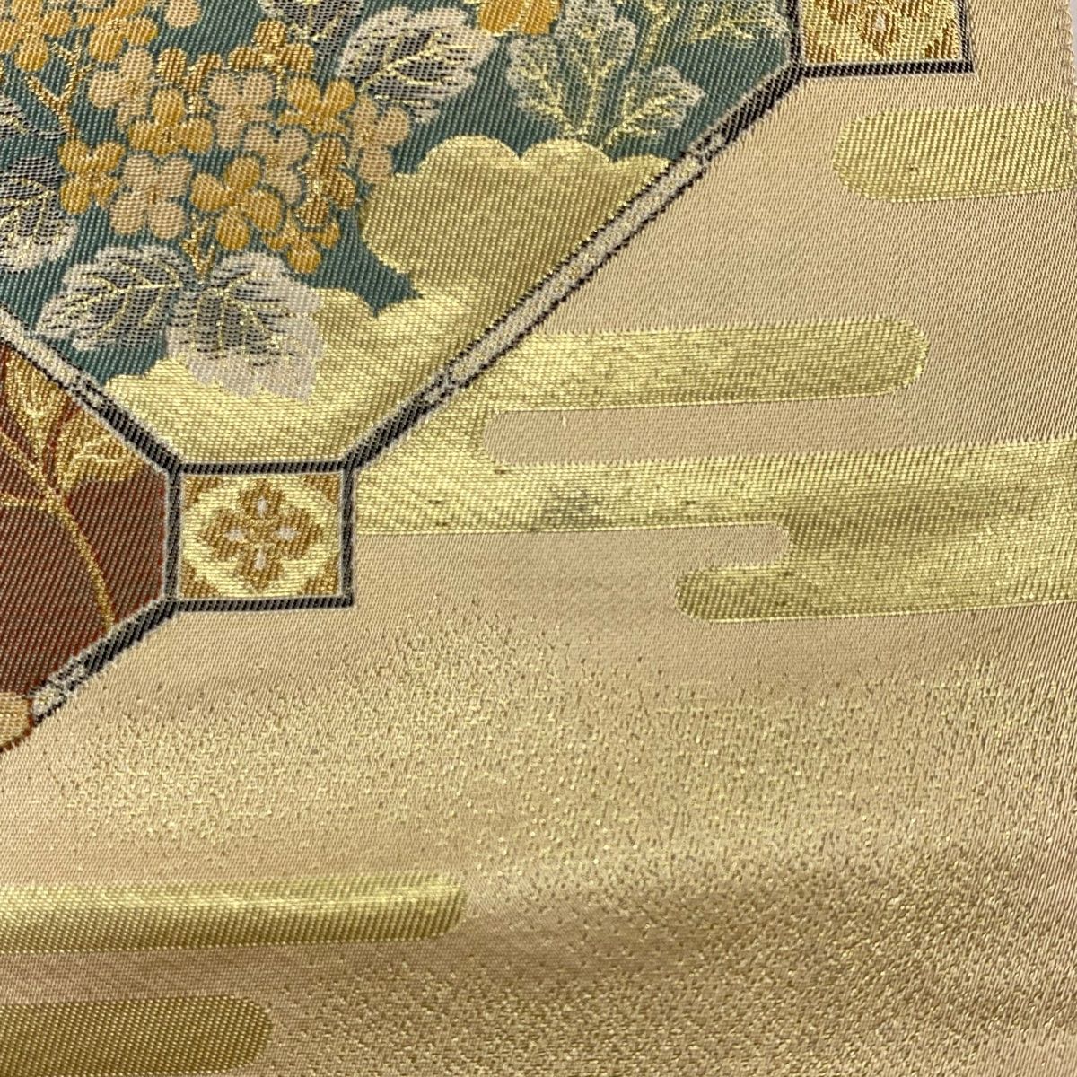  袋帯 秀品 草花 蜀江文 金糸 箔 薄茶色 六通 正絹 袋帯 帯