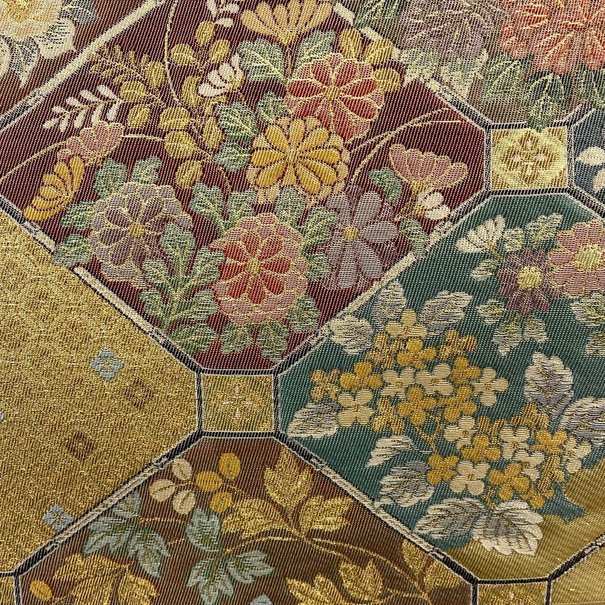 袋帯 秀品 草花 蜀江文 金糸 箔 薄茶色 六通 正絹