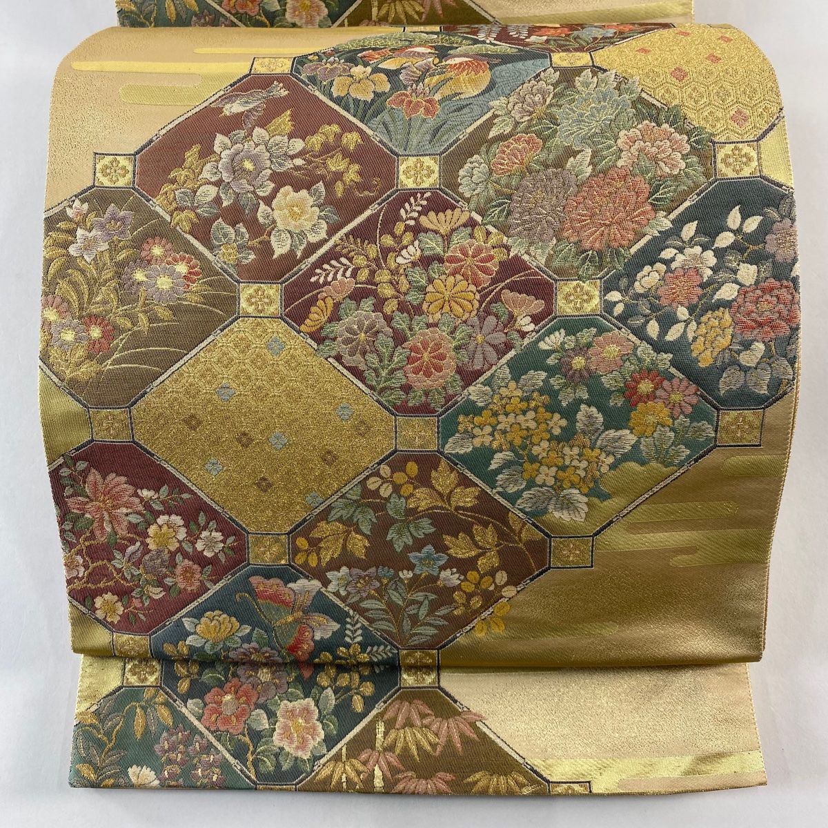 袋帯 秀品 草花 蜀江文 金糸 箔 薄茶色 六通 正絹