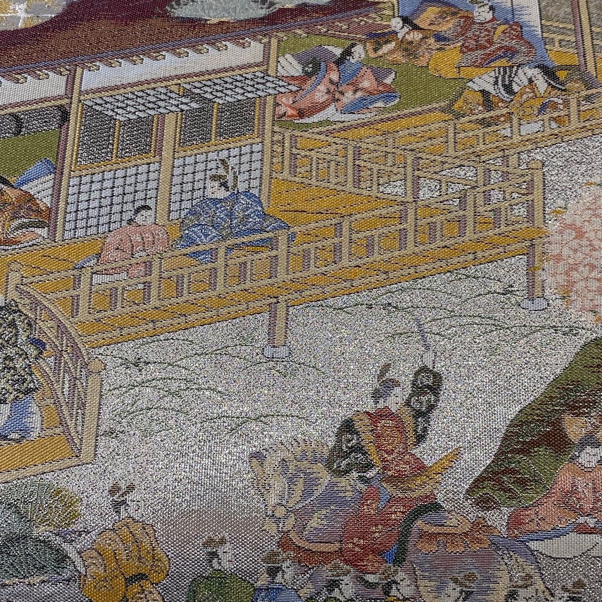 袋帯 秀品 洛中洛外祭礼の図 雲文 箔 銀色 お太鼓柄 正絹