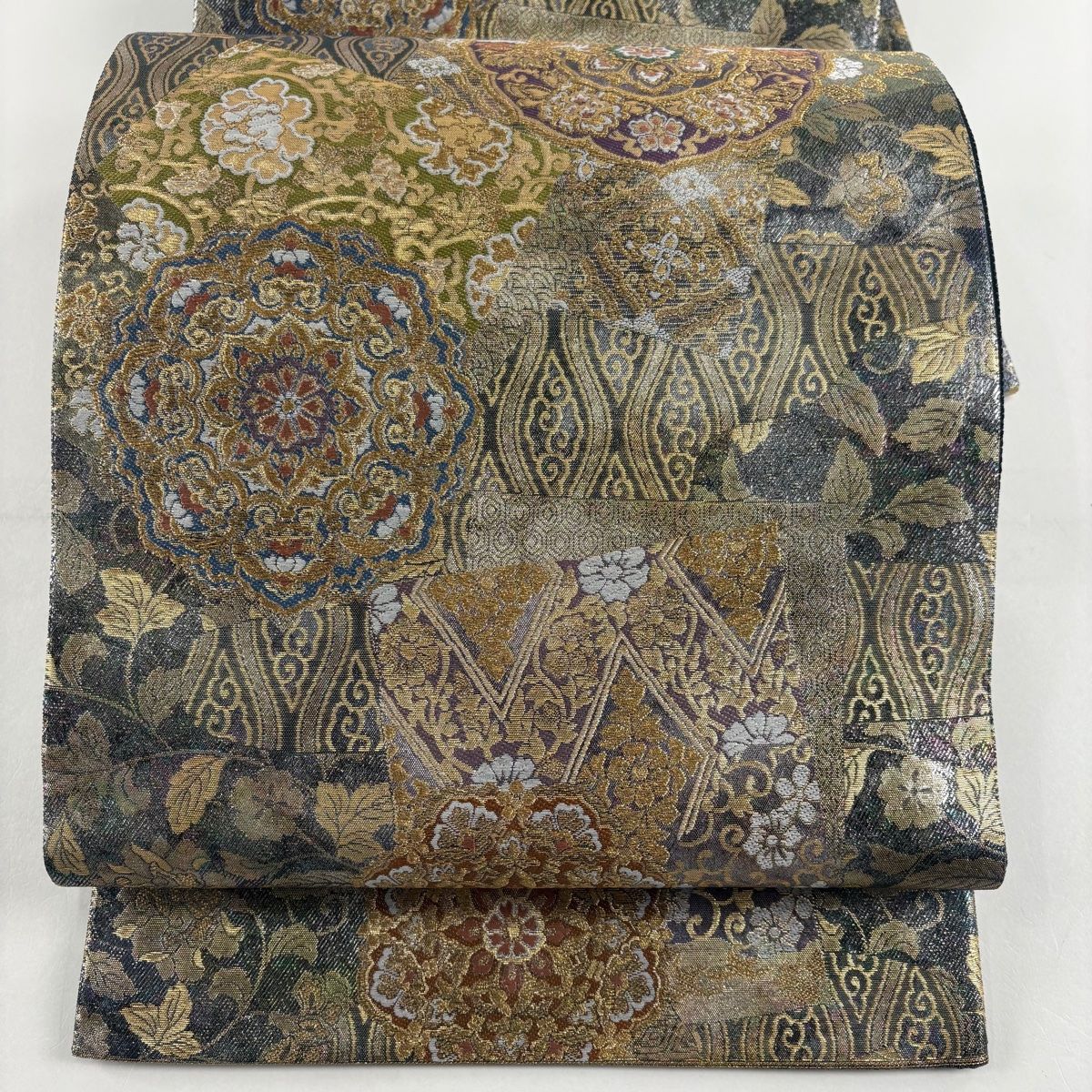 袋帯 秀品 華文 立涌 金糸 箔 青紫 六通 正絹