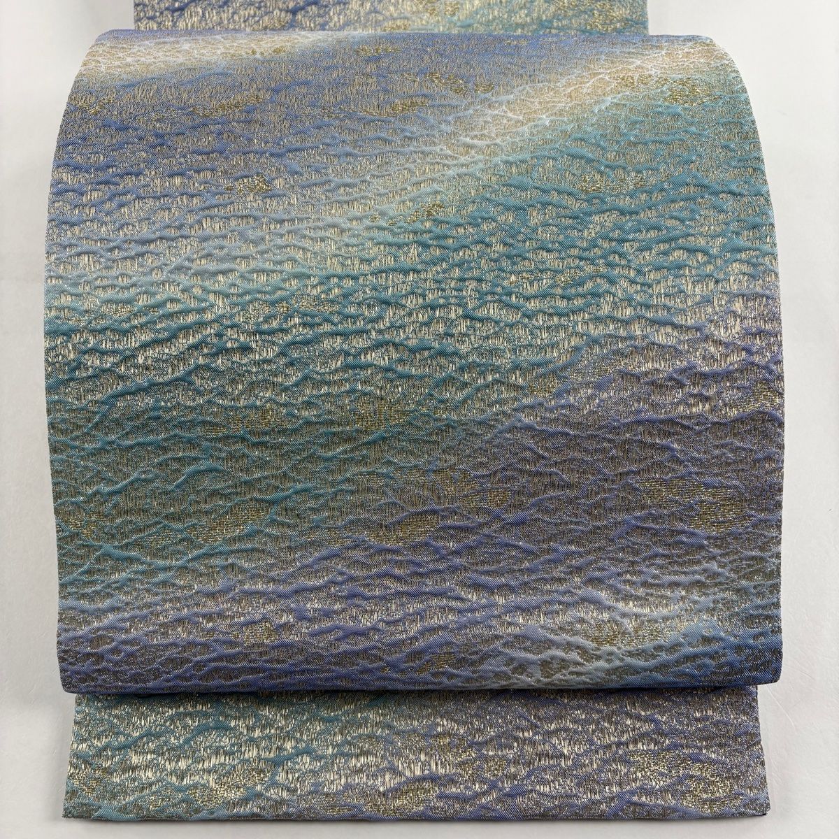 袋帯 秀品 幾何学模様 金糸 ふくれ織 水色 全通 正絹
