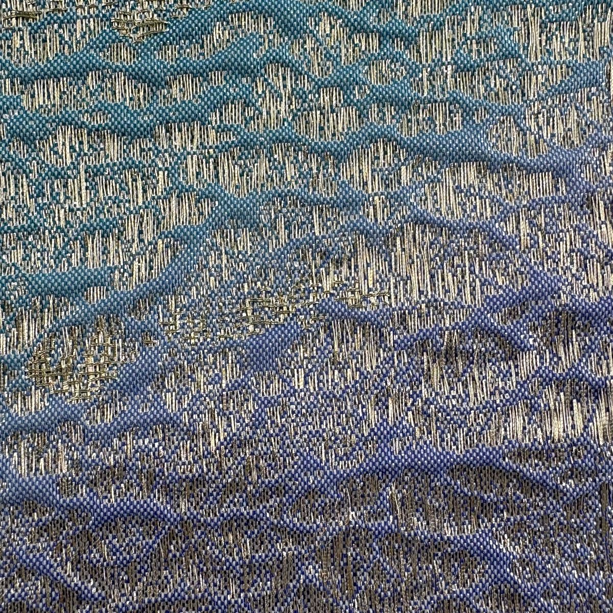 袋帯 秀品 幾何学模様 金糸 ふくれ織 水色 全通 正絹