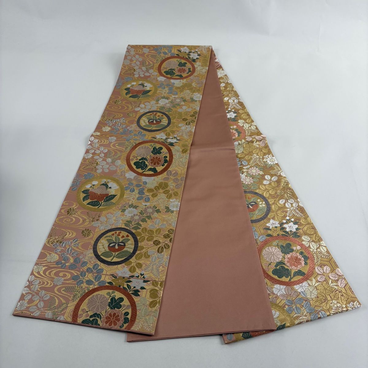  袋帯 秀品 秋草文 丸文 唐織 箔 ピンク お太鼓柄 正絹 袋帯 帯