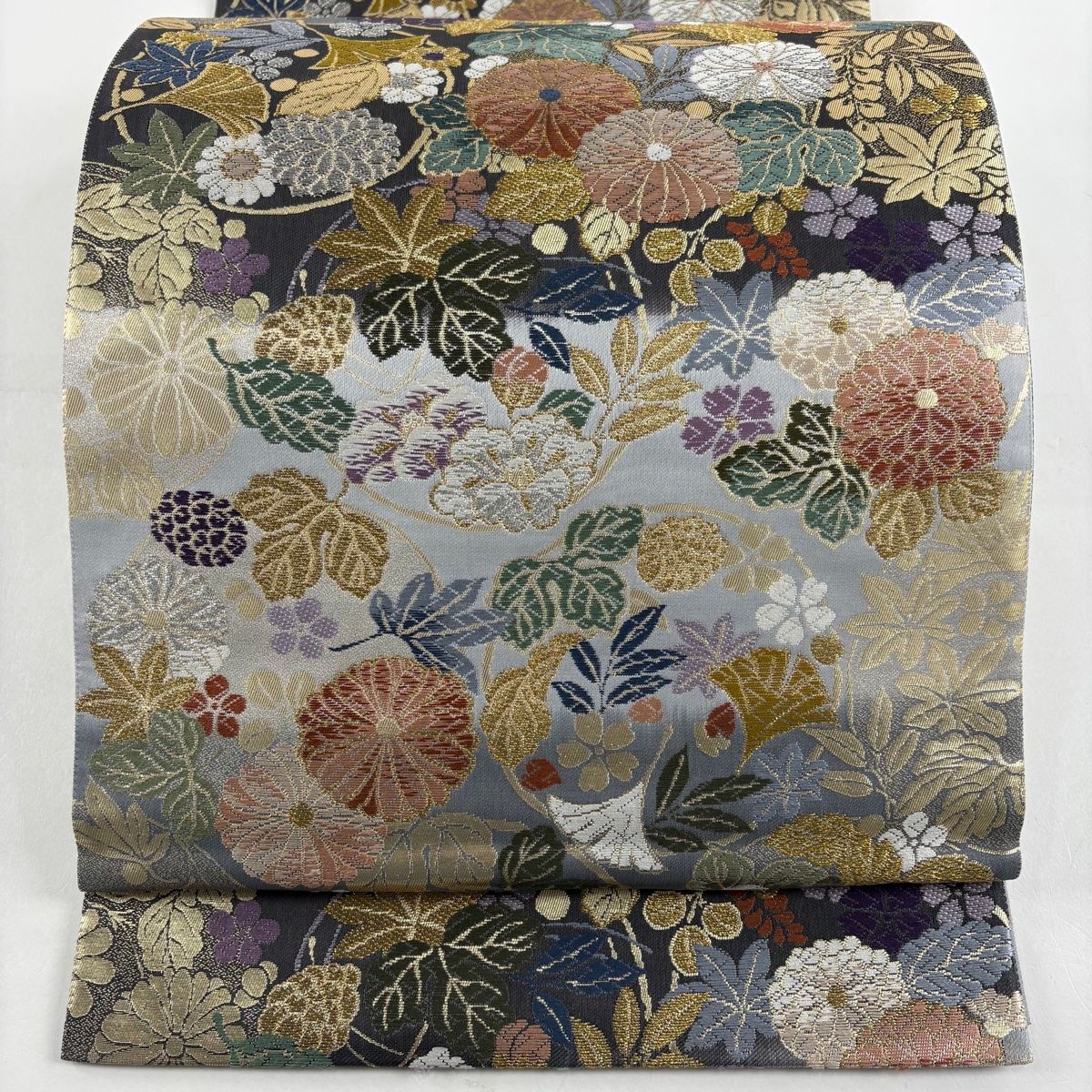 袋帯 秀品 吹寄せ花の丸 段縞模様 金銀糸 箔 青灰色 六通 正絹