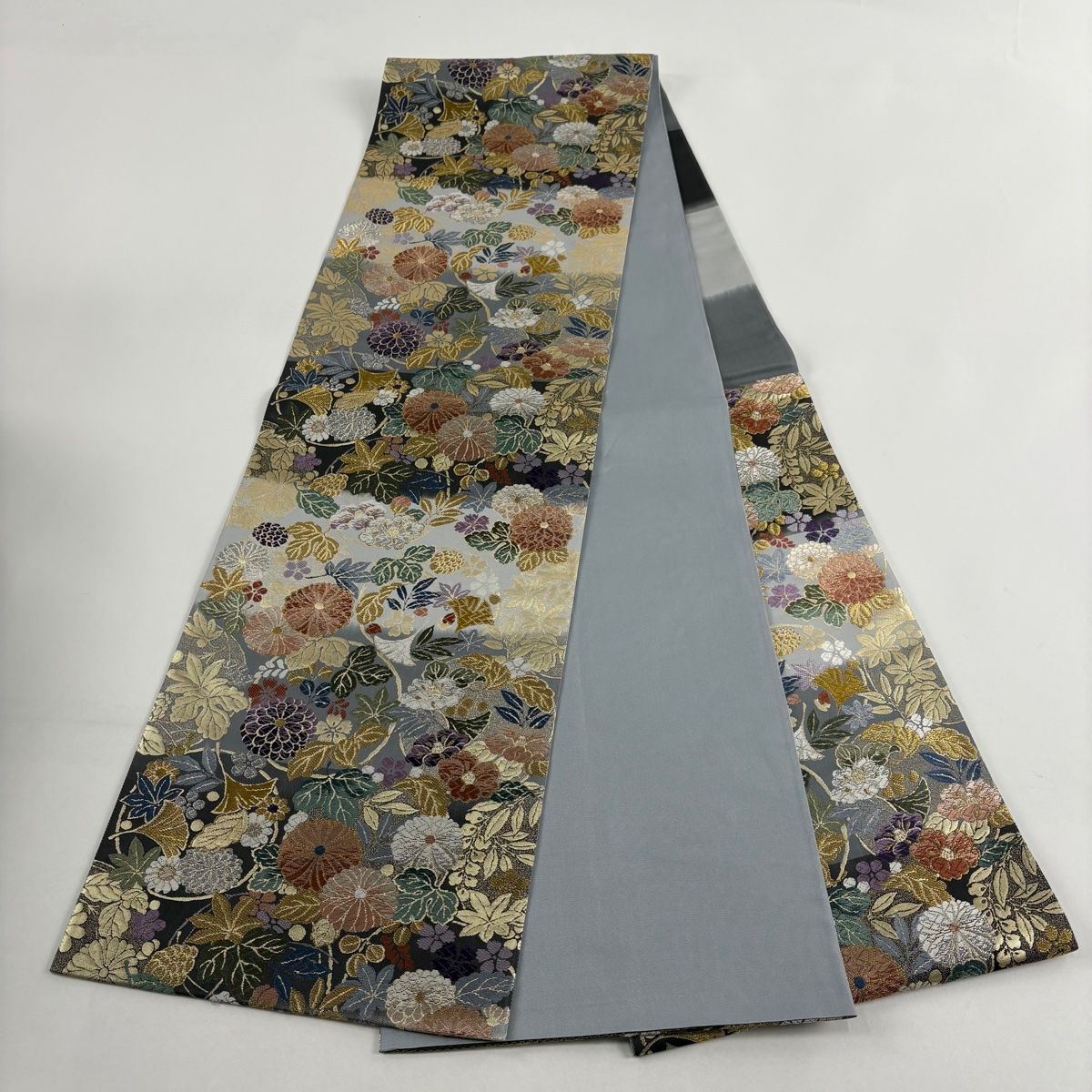 美品】 袋帯 秀品 吹寄せ花の丸 段縞模様 金銀糸 箔 青灰色 六通 正絹