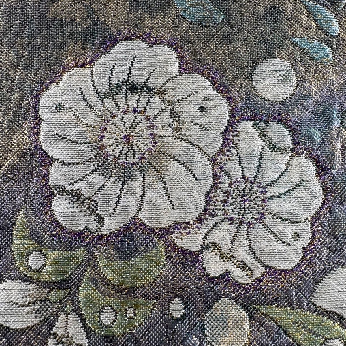 袋帯 秀品 やまと 草花 桜 箔 ふくれ織 灰紫 六通 正絹