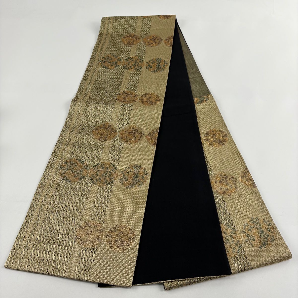  袋帯 秀品 華文 縞模様 金糸 箔 金色 六通 正絹 袋帯 帯