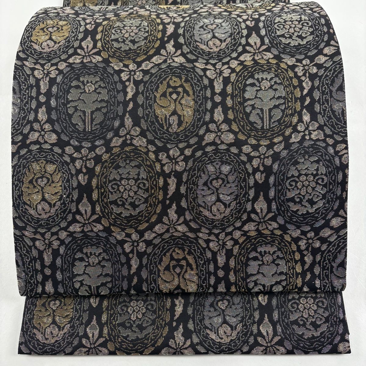 袋帯 秀品 落款 澤屋重兵衛 草花 向かい鳥文 金銀糸 箔 黒 全通 正絹