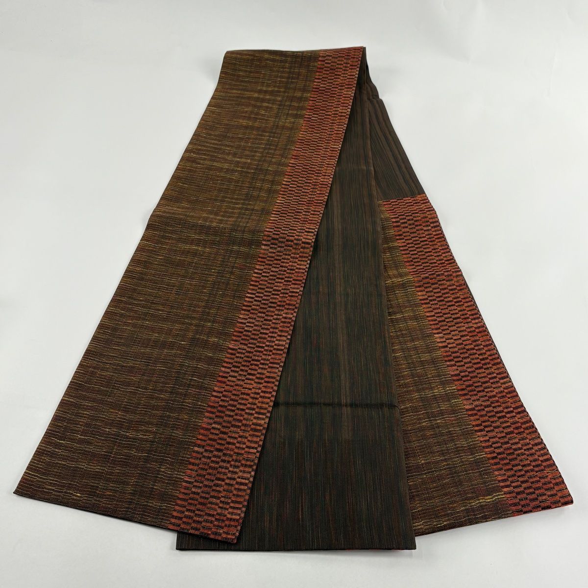  袋帯 秀品 変わり市松 幾何学模様 金糸 ラメ糸 焦茶色 六通 正絹 袋帯 帯