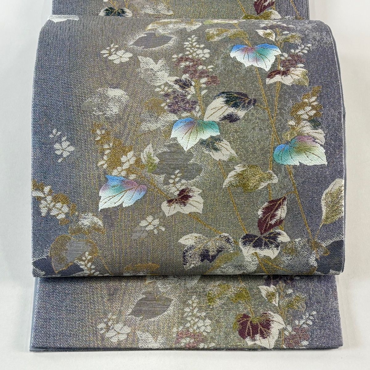 袋帯 秀品 やまと 草花 金銀糸 箔 灰紫 六通 正絹