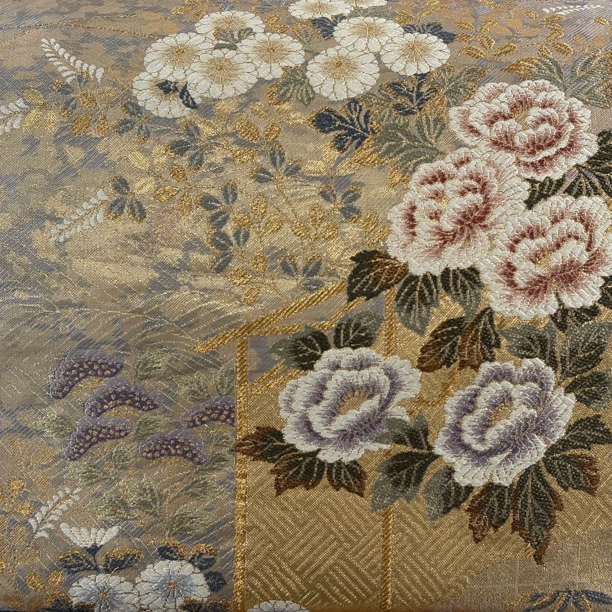 袋帯 秀品 やまと 牡丹 秋草 金糸 箔 金色 六通 正絹
