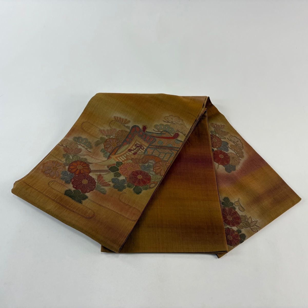  袋帯 秀品 紬地 菊 御所車 汕頭刺繍 山吹茶色 お太鼓柄 正絹 袋帯 帯