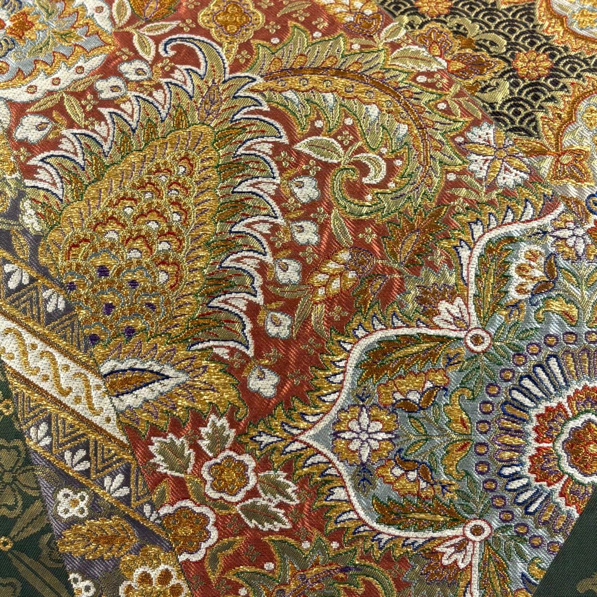 袋帯 秀品 裂取聚宝華文 金糸 箔 茶緑色 六通 正絹