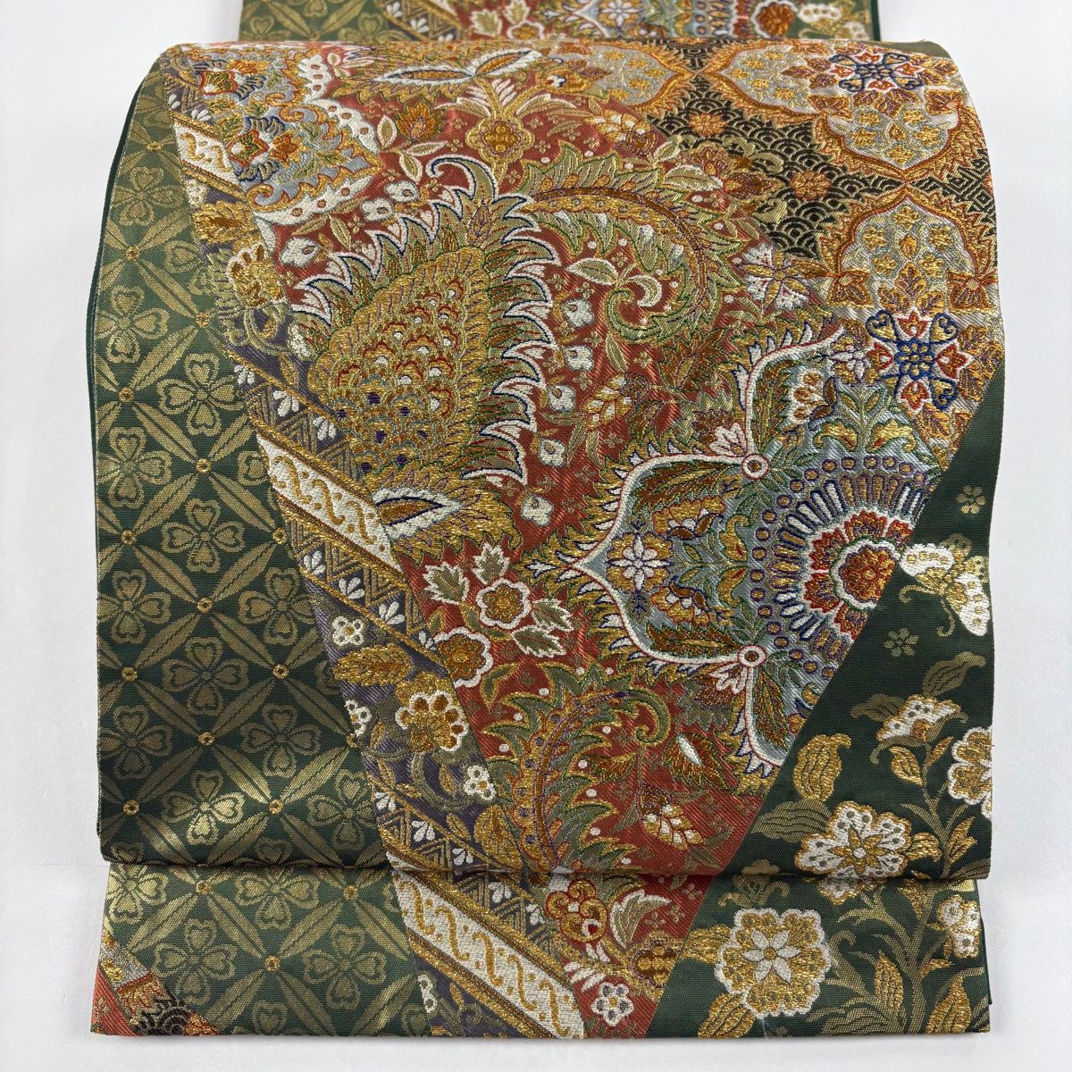 袋帯 秀品 裂取聚宝華文 金糸 箔 茶緑色 六通 正絹