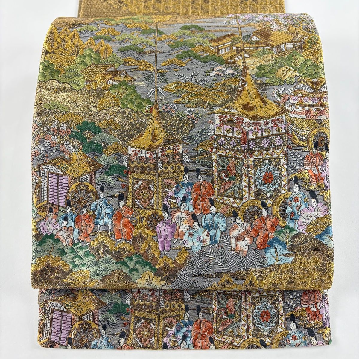 美品】 袋帯 秀品 京洛祇園祭還幸絵巻 箔 金糸 金色 お太鼓柄 正絹