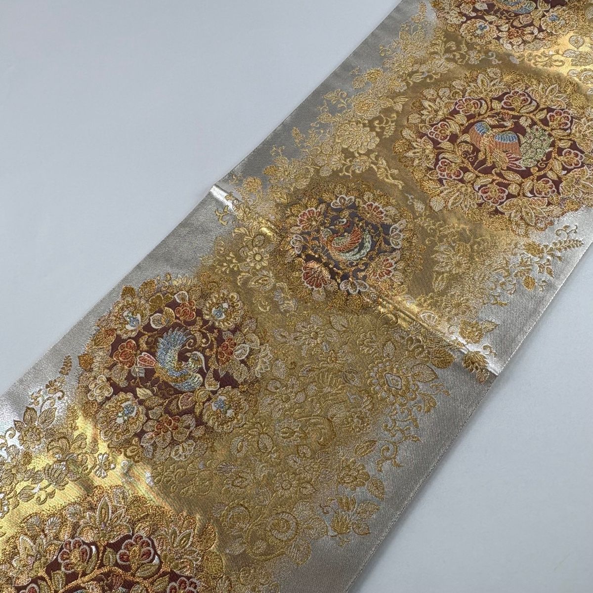  袋帯 秀品 花唐草 鳥 金糸 箔 金色 六通 正絹 袋帯 帯