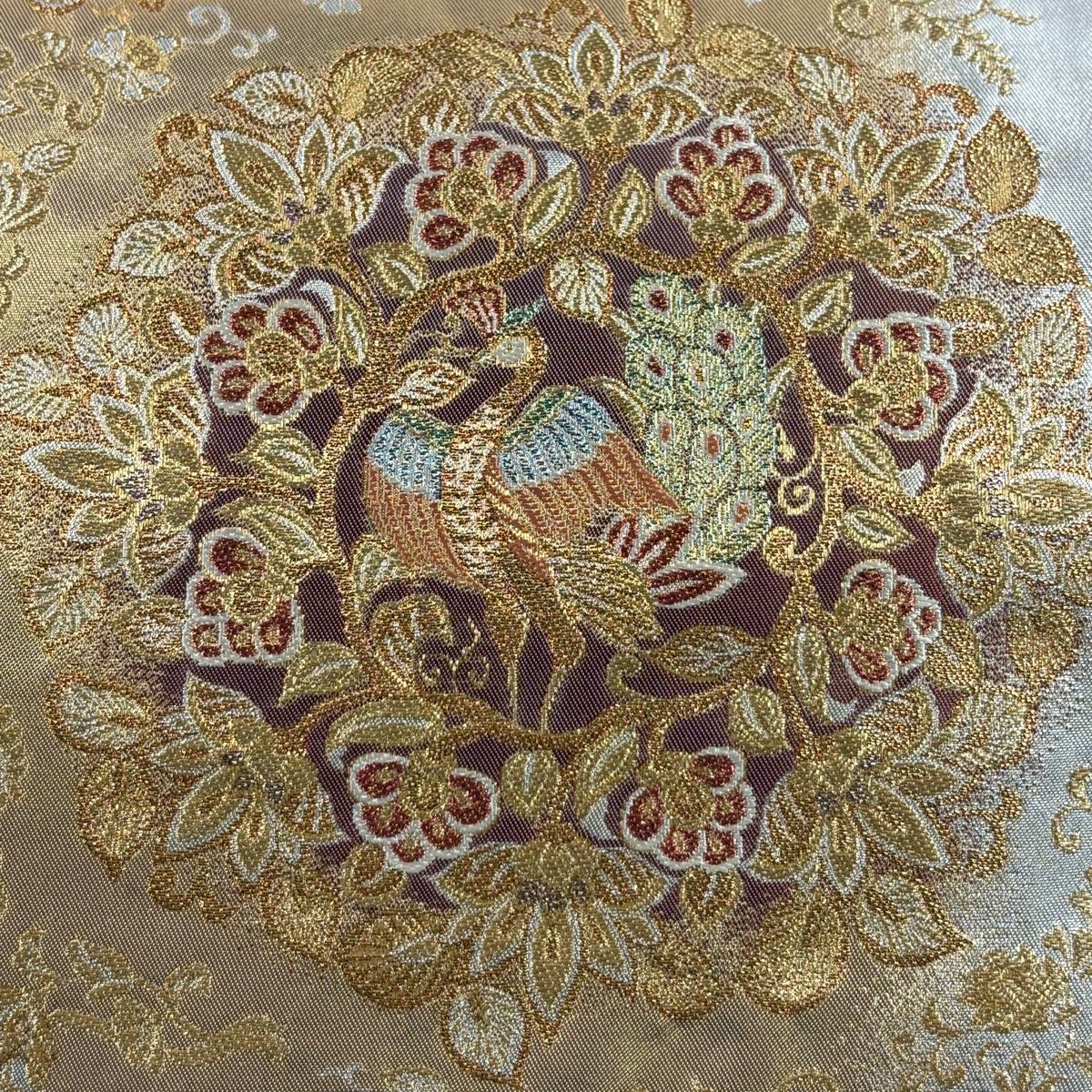 袋帯 秀品 花唐草 鳥 金糸 箔 金色 六通 正絹