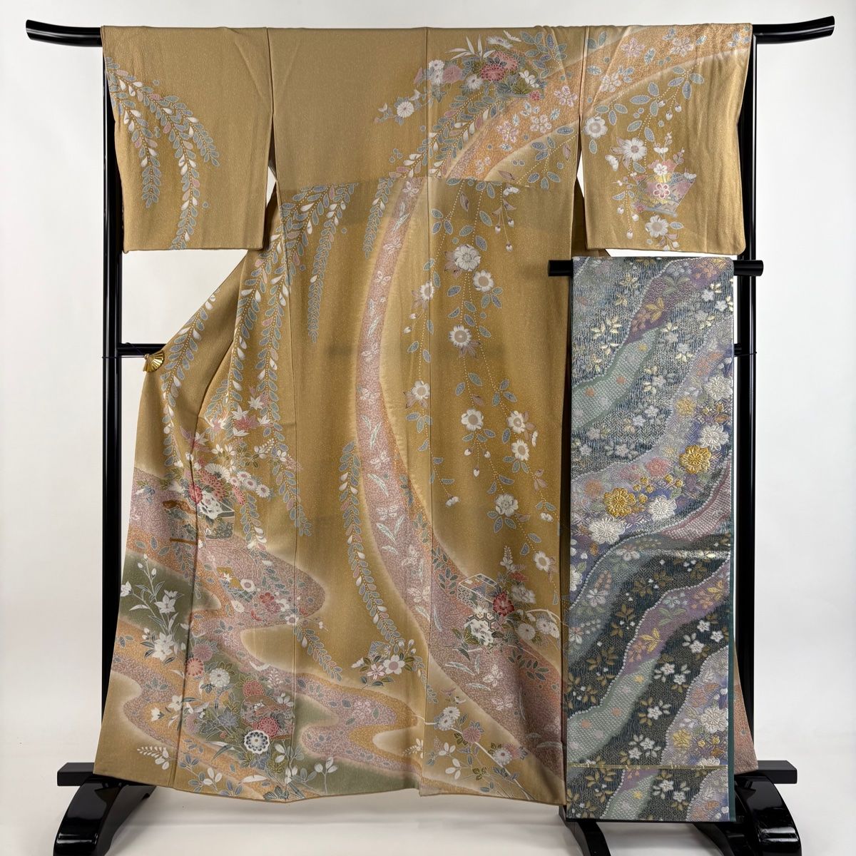 訪問着 身丈161 cm 裄丈67 M 袷 袋帯セット 桧扇 草花 金彩 ぼかし 薄茶色 正絹