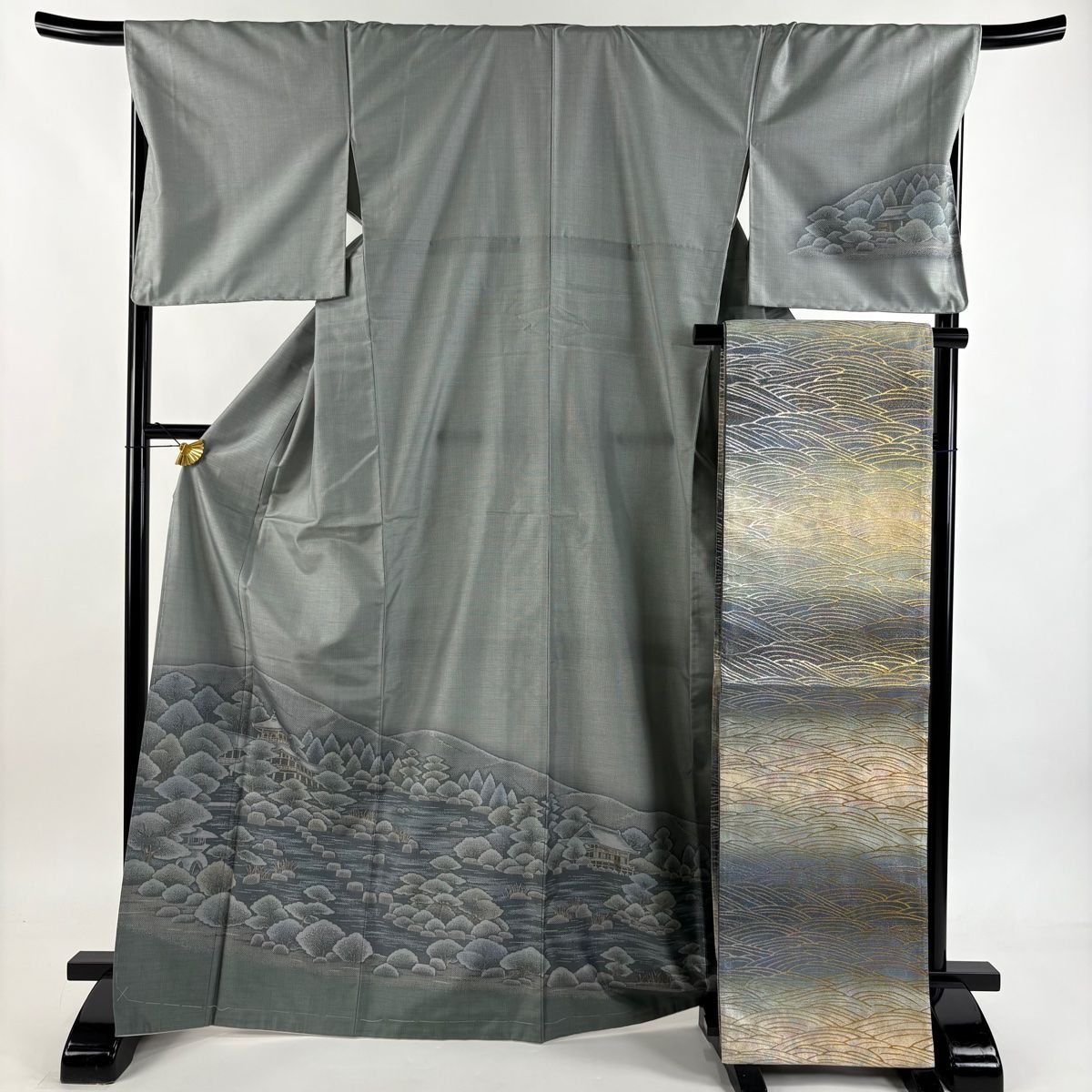 付下げ 身丈169 cm 裄丈70 L 袷 大島紬地 袋帯セット 落款 証紙 風景 樹木 青灰色 正絹