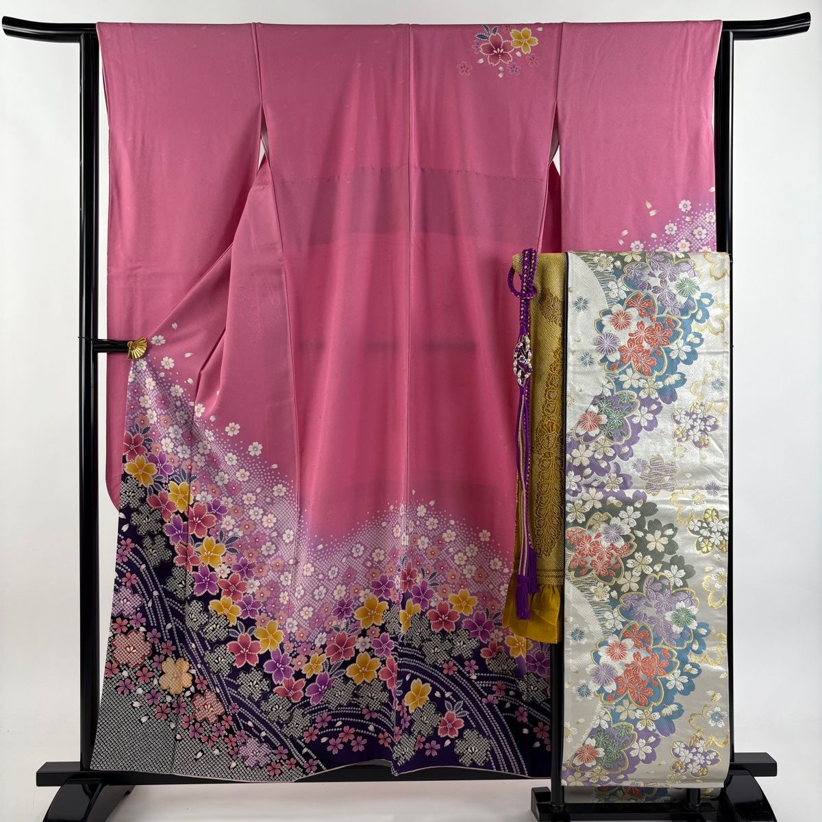 振袖 身丈157 cm 裄丈64.5 M 袷 袋帯フルセット 桜 花びら 金糸 ぼかし ピンク 正絹 秀品