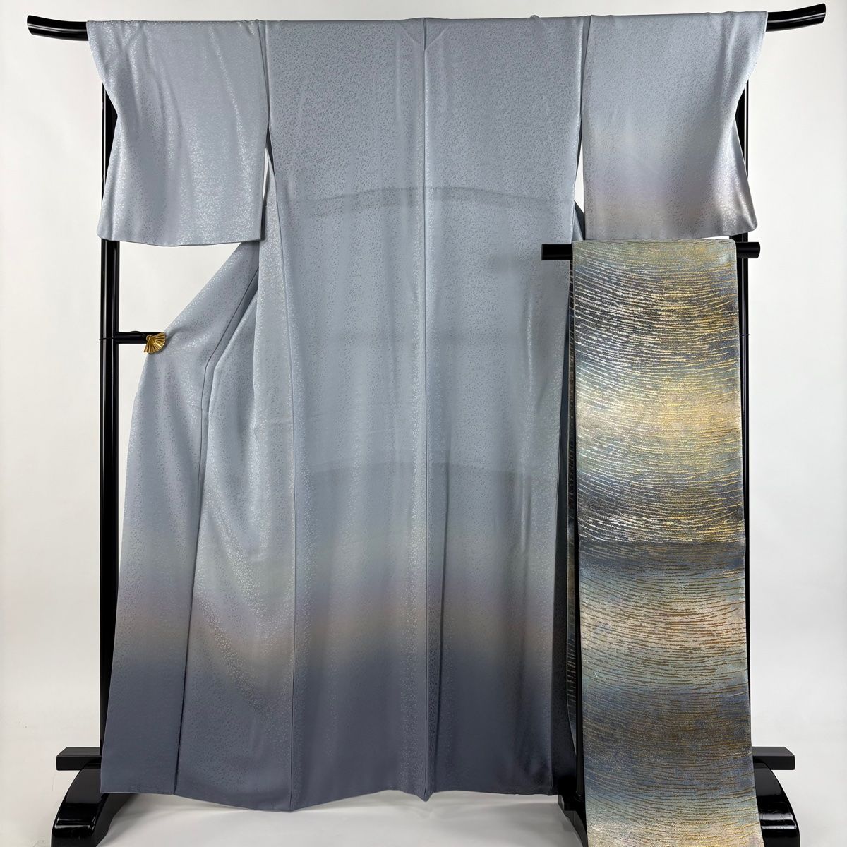 付下げ 身丈165 cm 裄丈70 5 L 袷 袋帯セット 地紋 裾ぼかし 青灰色 正絹 秀品