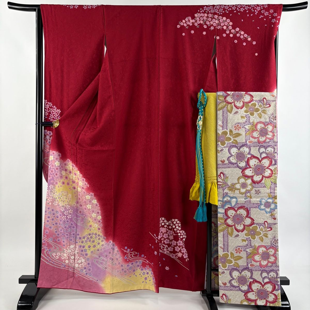 美品】振袖 身丈162.5cm 裄丈67.5cm L 袷 袋帯フルセット 桜 流水 箔