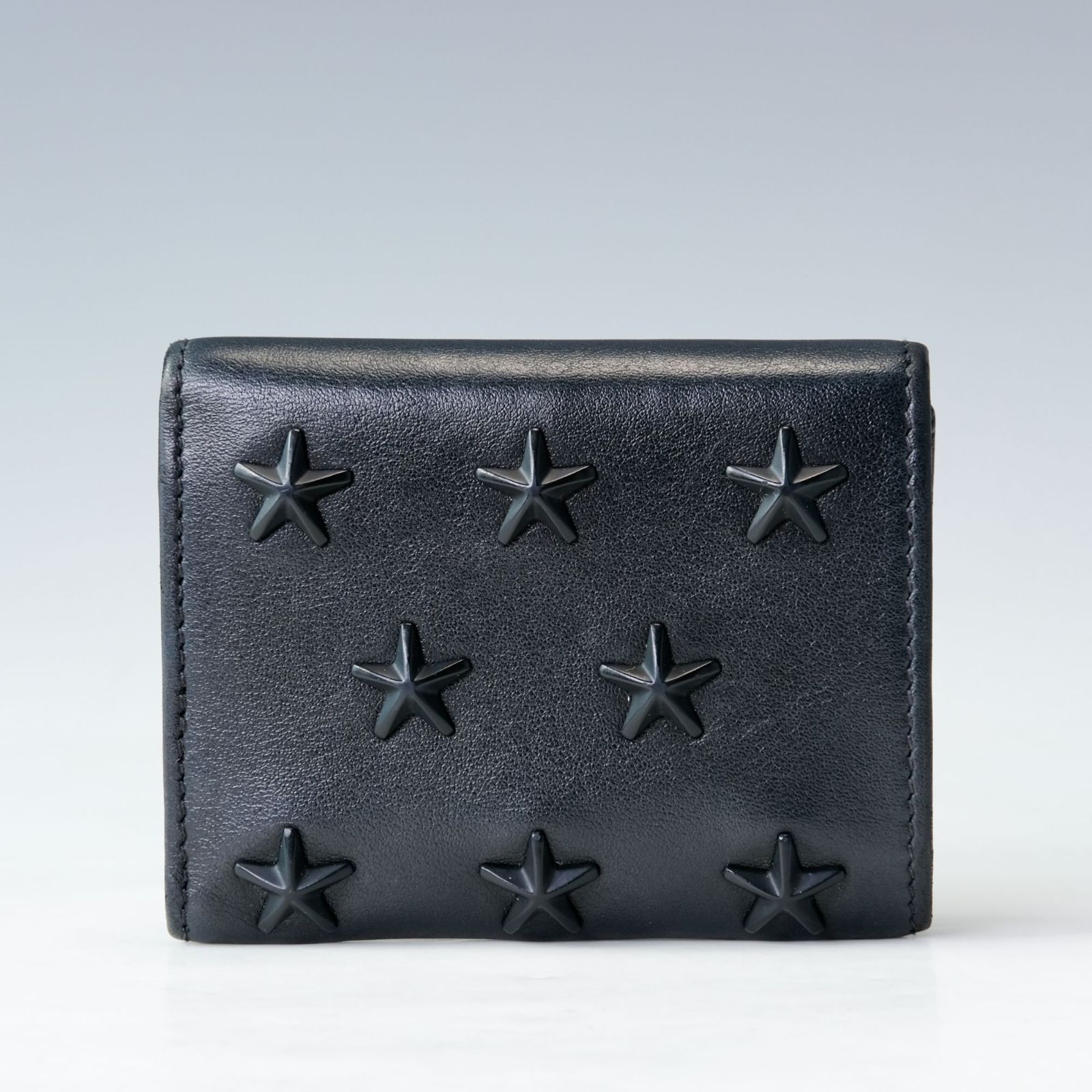  級 JIMMY CHOO ジミーチュウ 三つ折り財布 スタースタッズ レザー 黒 オールブラック コンパクト 三つ折り財布 折り財布