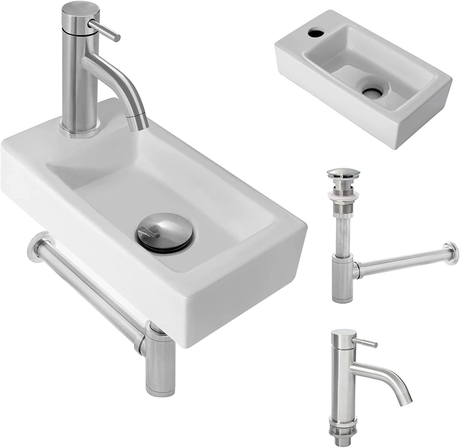 洗面器 小型 トイレ用 洗面ボウル 壁掛け おしゃれ 混合水栓＆排水金具 同梱 左利き 対応 左側水栓