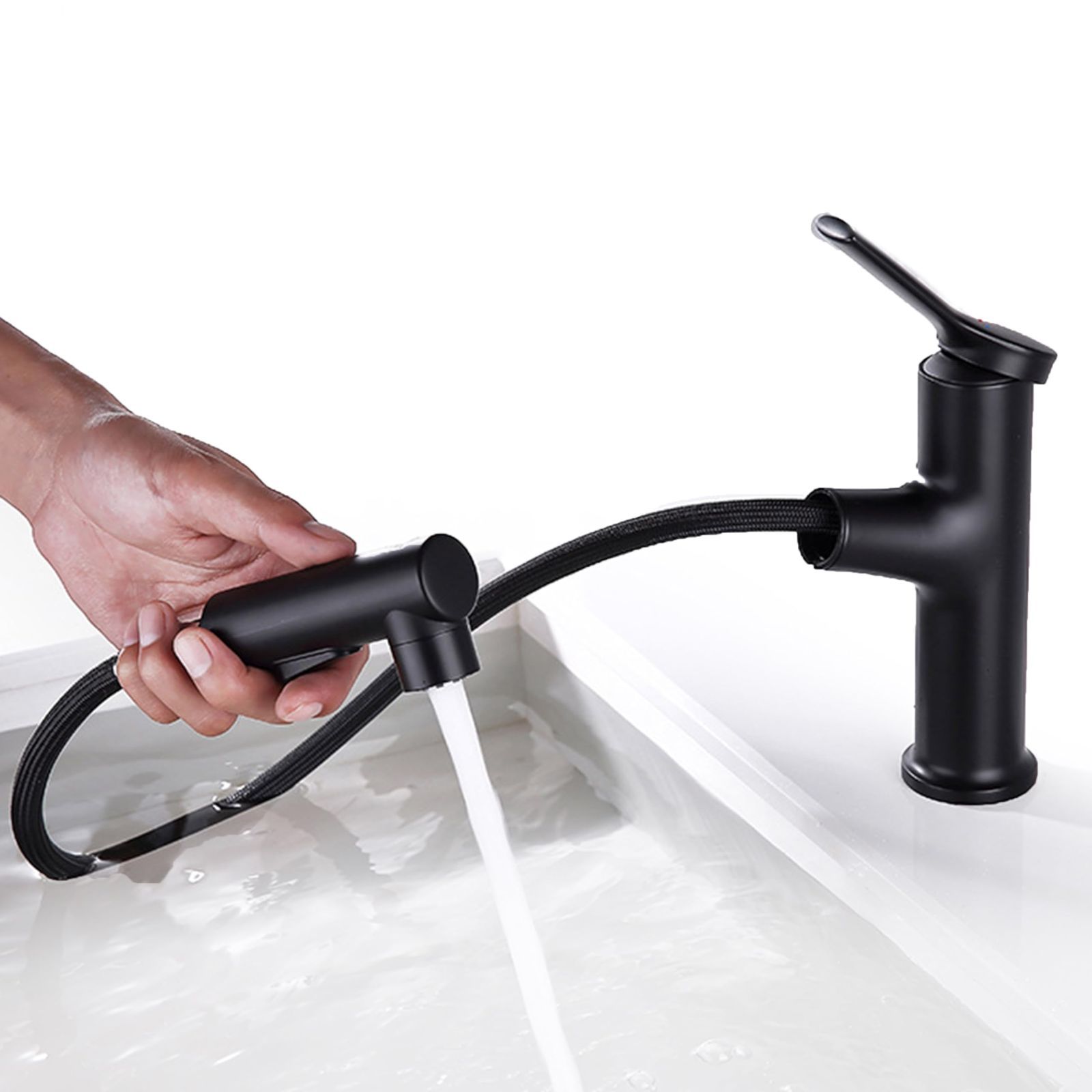 洗面蛇口 洗面水栓 ホース引出し式 吐水切替 シャワー 首振り 混合 蛇口 金具 交換 キッチン シャワーヘッド シングルレバー 洗面台用 洗面所も化粧台も 台所用品 黒