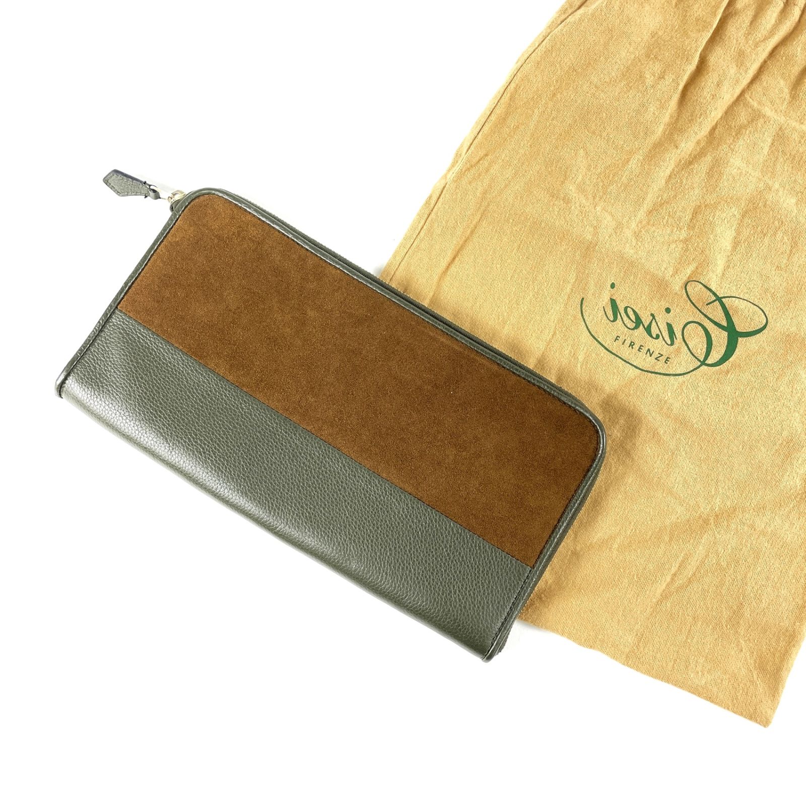 CISEI シセイ スエード×レザー クラッチバッグ セカンドバッグ ハンドバッグ ブラウン カーキ 保存袋付