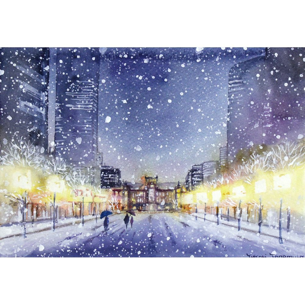 原画）東京 丸の内（東京駅前）の雪景色【A5サイズ／水彩画／#2836