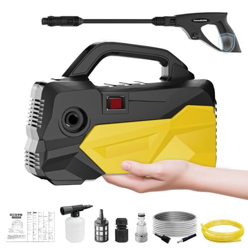 高圧洗浄機 A 4用紙サイズ 超軽量2 85 kg 新登場 12 MPa ミニ高圧洗車機 小型 低騒音 安全ロック機能搭載 無段階調整ノズル フォームノズル 水道直結＆自吸両用 温水対応 IPX 5防水 コンパクト収納 7 m高圧ホース 3 m水道ホース