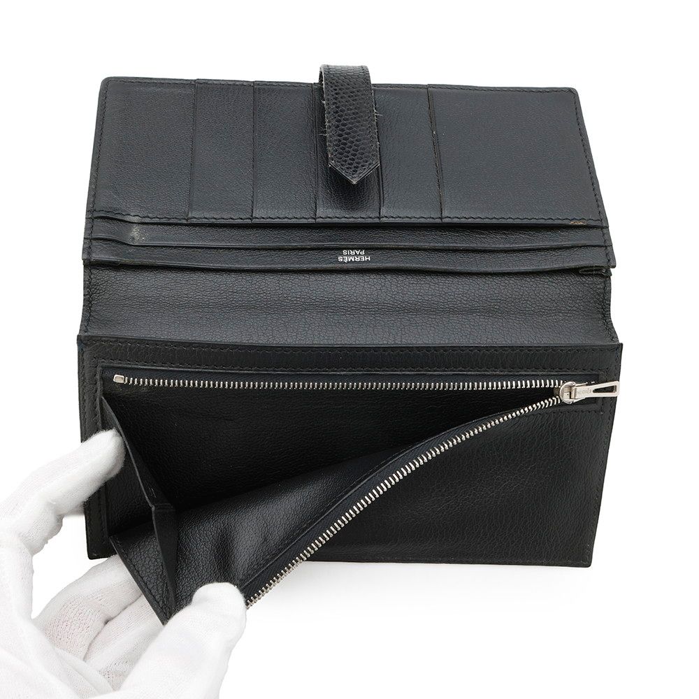 エルメス 長財布 ベアンスフレ ブラック/シルバー金具 リザード □L