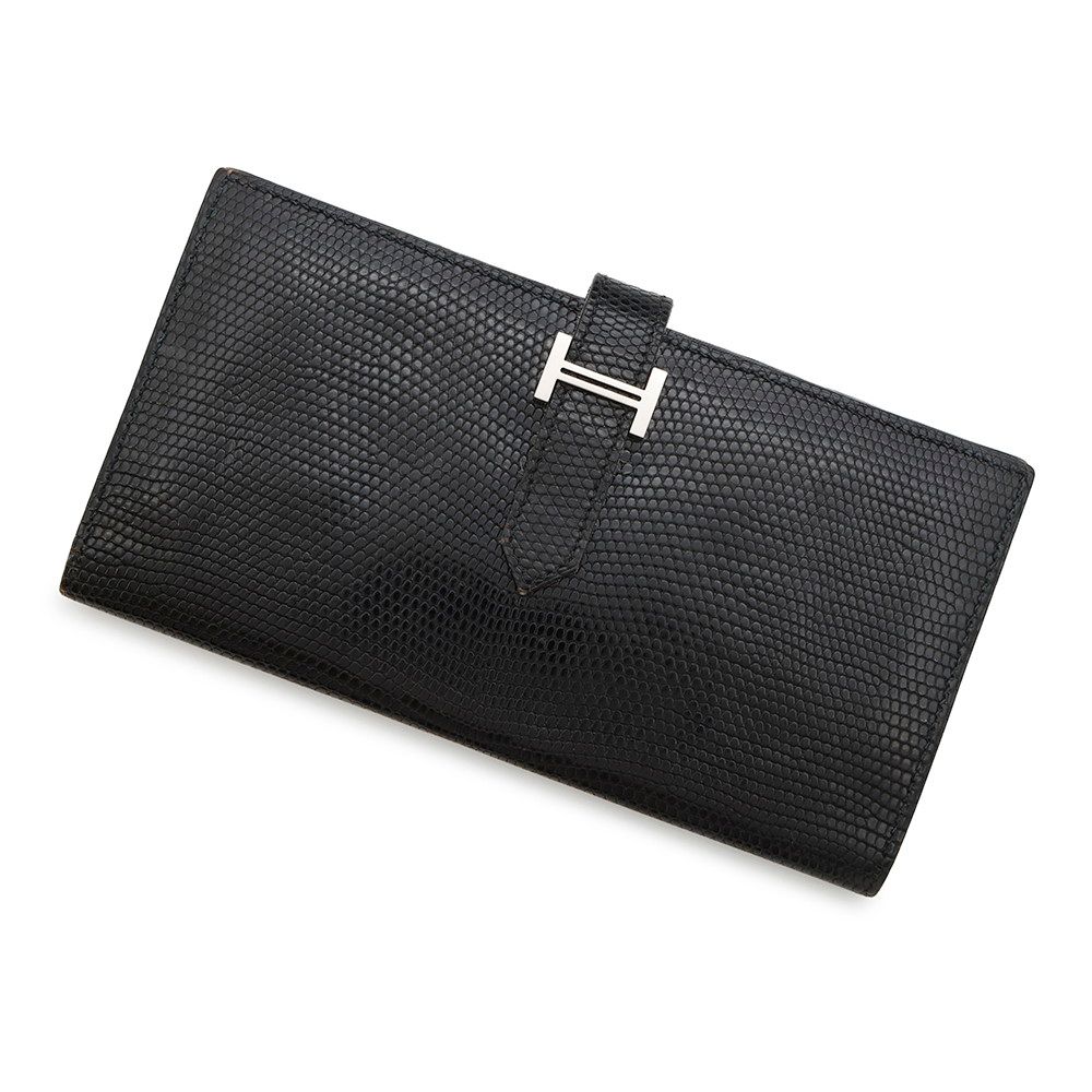エルメス 長財布 ベアンスフレ ブラック シルバー金具 リザード L刻印 HERMES 財布 黒