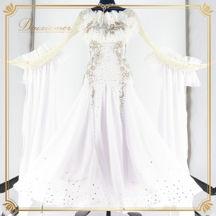 社交ダンス 衣装 タカダンス TAKADANCE ドレス ドレス ワンピース フロート レース ホワイト系 フリル デモ 競技 ダンス パーティ 発表会 シルバー エレガント ドレス フルフリル モダンドレス 発表会ドレス